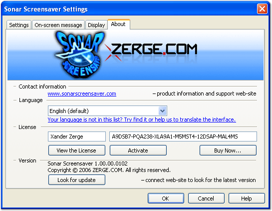 Sonar Screensaver configuration window screenshot: "About" tab