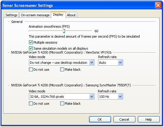 Sonar Screensaver configuration window screenshot: "Display" tab
