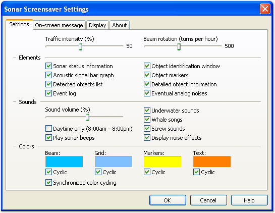 Sonar Screensaver configuration window screenshot: "Settings" tab