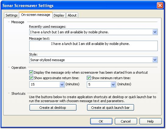 Sonar Screensaver configuration window screenshot: "On-screen message" tab